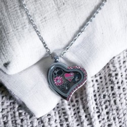 Half pink crystal heart locket necklace