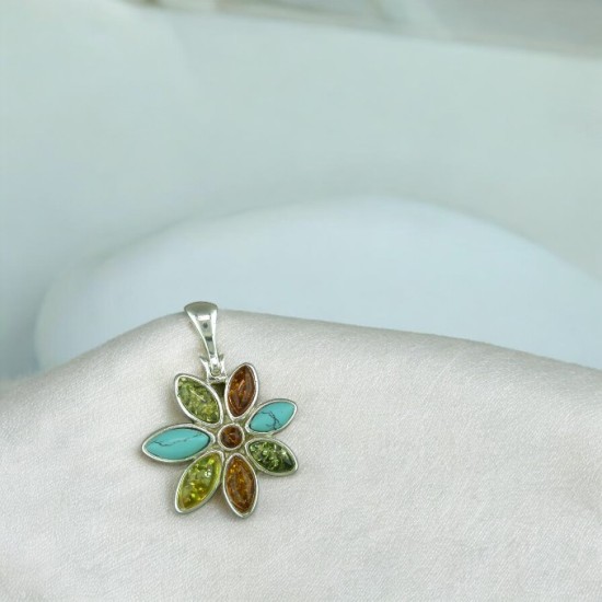 Amber and turquoise flower pendant