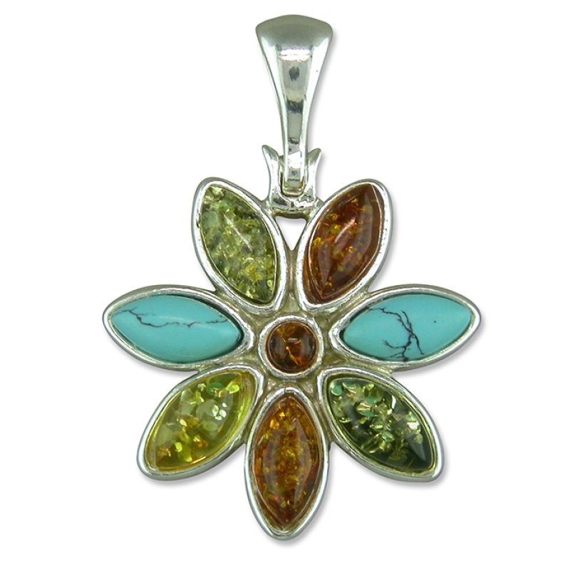 Amber And Turquoise Flower Pendant