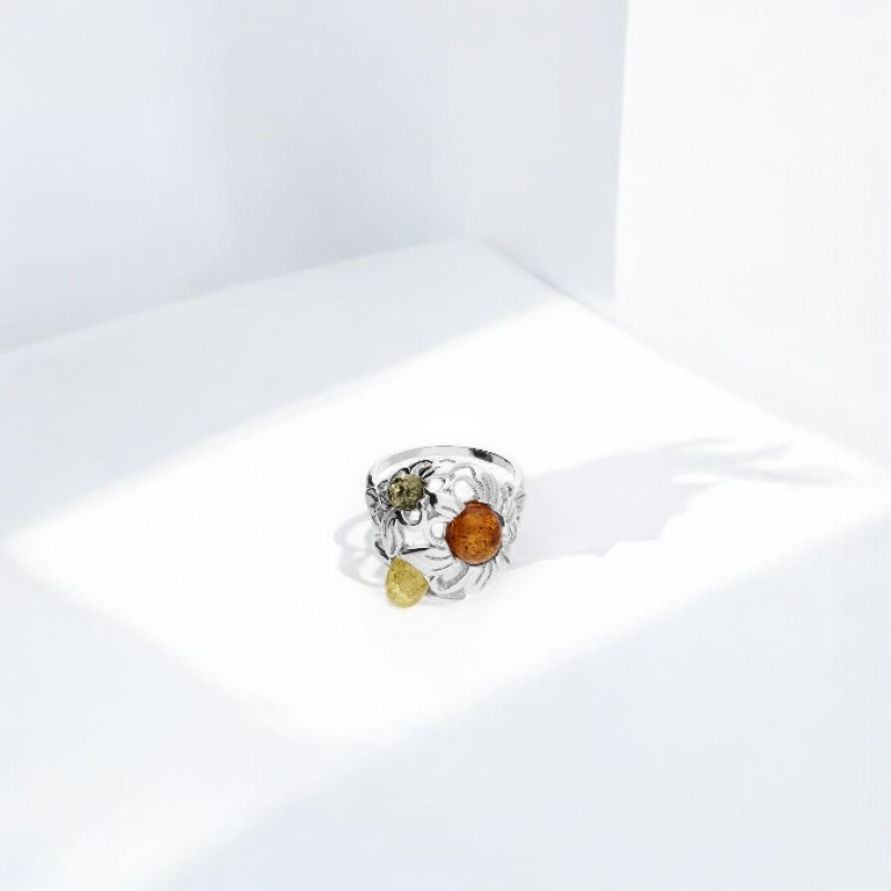 Mixed Amber Flower Dome Ring